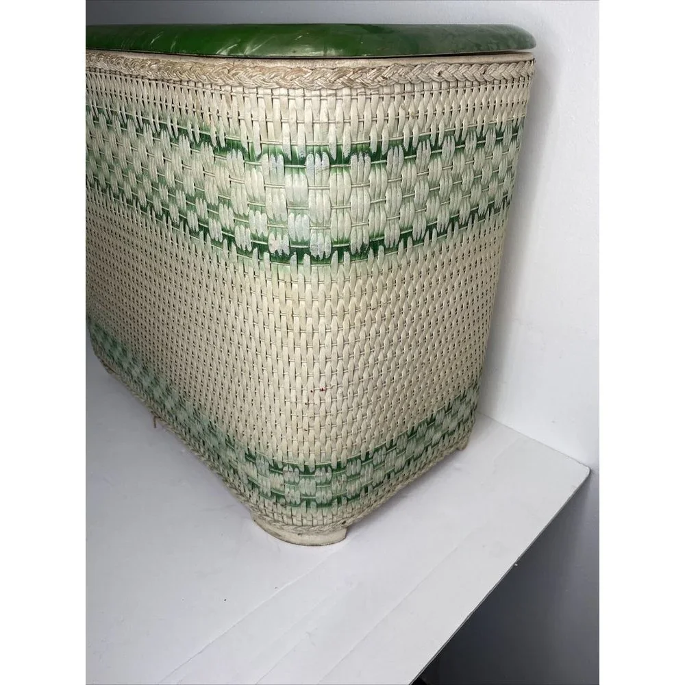 Vintage MCM Red-Man Laundry Hamper Wicker White Green Lucite Top Art Deco